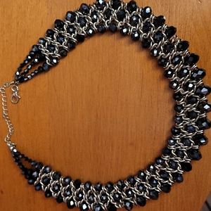 Navy Silver Wide Necklace Beaded Heavy